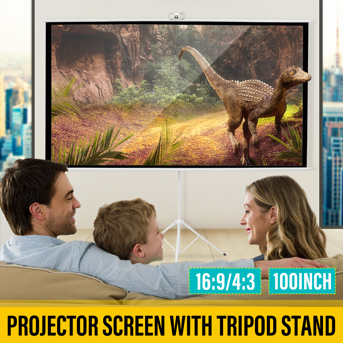 100-inch 16:9/4:3 Projector Screen with Tripod Stand Glass Fiber HD Projection Screen for Home Office Theater Movies Indoors Outdoors