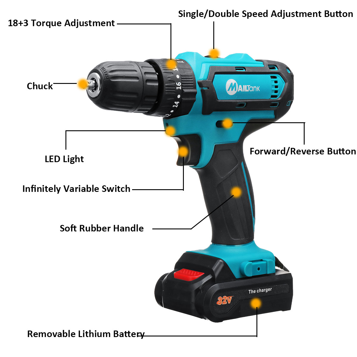 32V 2 Speed Power Drills 6000mah Cordless Drill 3 IN1 Electric Screwdriver Hammer Hand Drill 2 Batteries 18