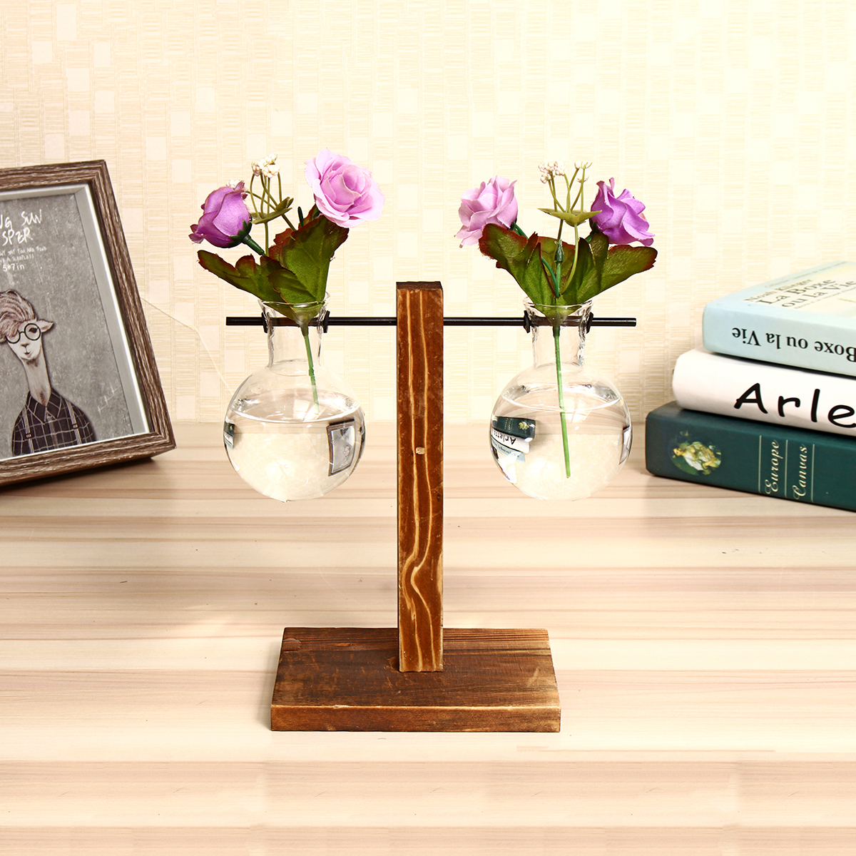 Vintage Glass Flower Vase Tabletop Plant Bonsai Decorative Hanging Flower Vase Wooden Tray  Hydroponic System 
