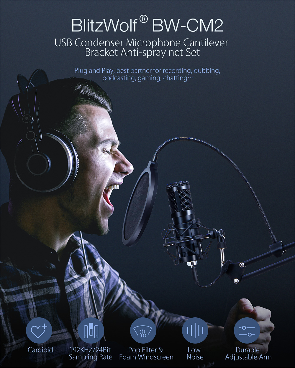 BlitzWolf® BW-CM2 Condenser Microphone USB Microphone Audio Dynamic System Kit Cantilever Bracket Anti-spray Net Set Sound Recording Vocal Microphone