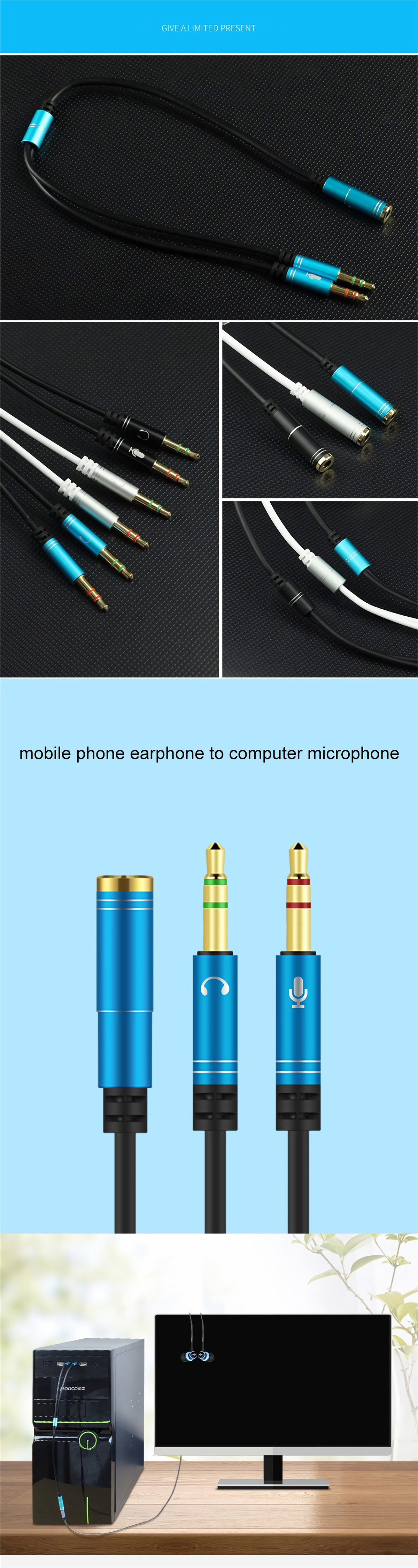 SONGFUL 3.5mm Earphone Headset Splitter Cable Stereo 3.5mm Female to 2 * 3.5mm Male Computer Microphone Audio Conversion Cable for Computer Laptop PC Speaker Amplifier