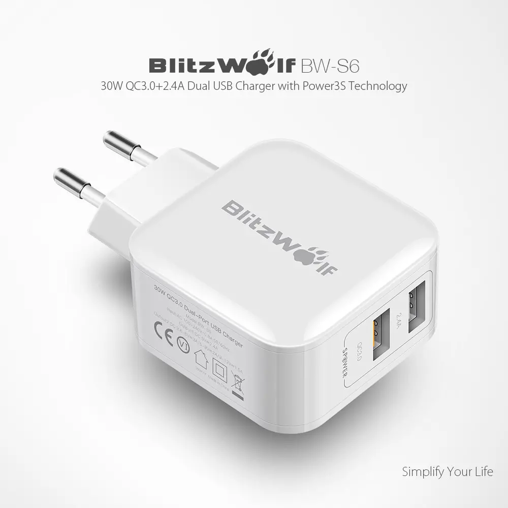 BlitzWolf® BW-S6 QC3.0+2.4A 30W Dual USB Charger EU Adapter for iphone 8 8 Plus iphone X Xiaomi 
