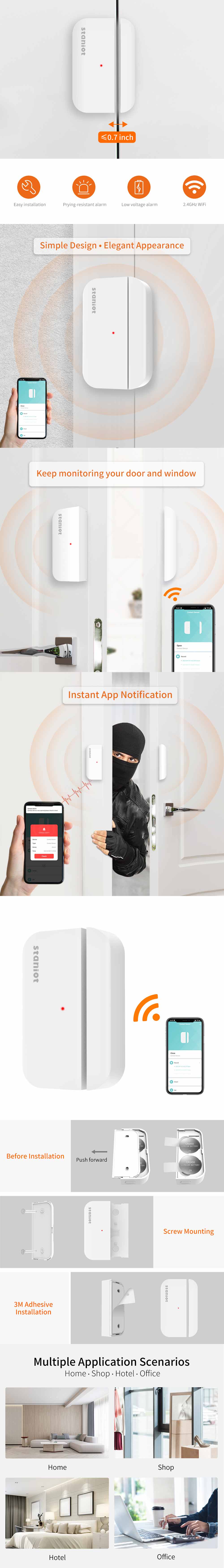 Staniot Tuya Smart WiFi Door Window Sensor Open Closed Detector Home Security Protection Smart Life Control Work with Alexa
