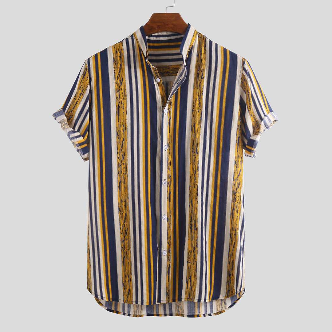 New Men Vertical Stripe Short Sleeve Stand Collar Shirts – Chile Shop