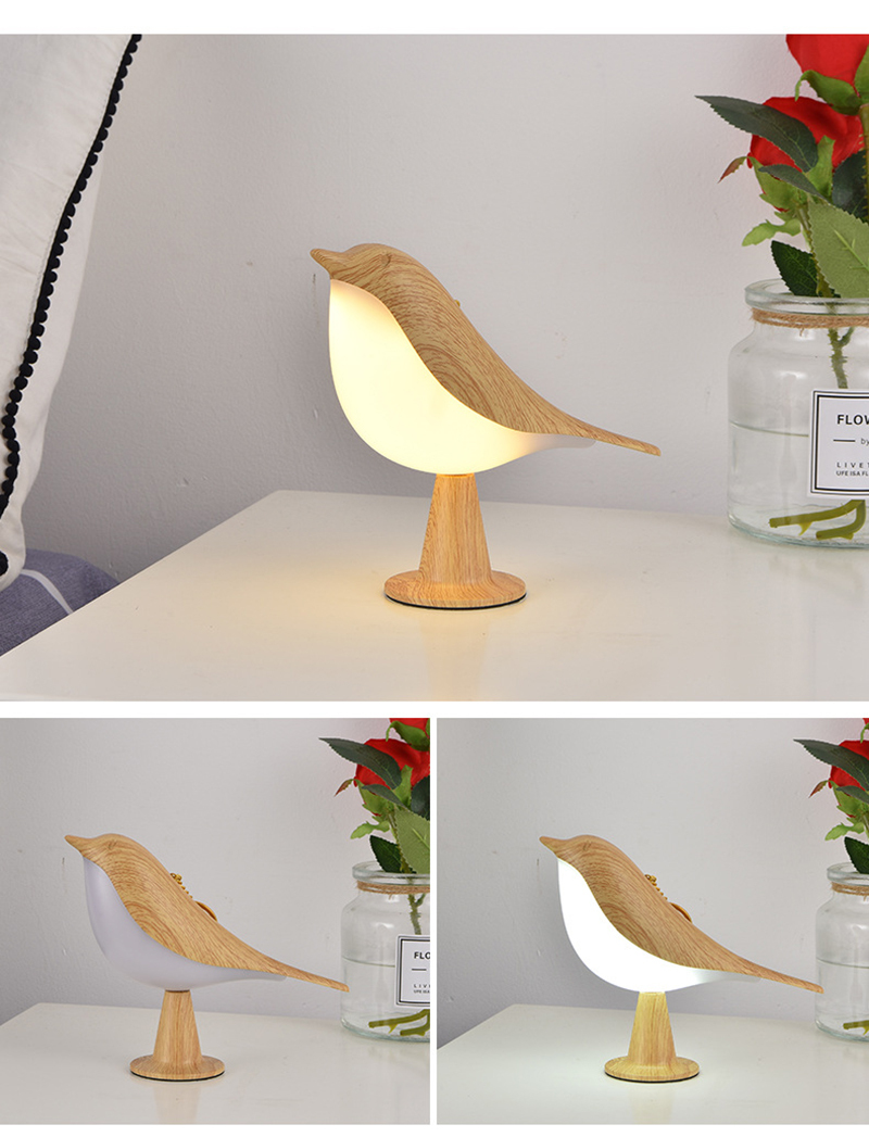LED Bedside Lamp Creative Touch Switch 3 Light Colors Adjustable Wooden Bird Night Lights Dimming Brightness Bedroom Table Reading Lamp Decor Home