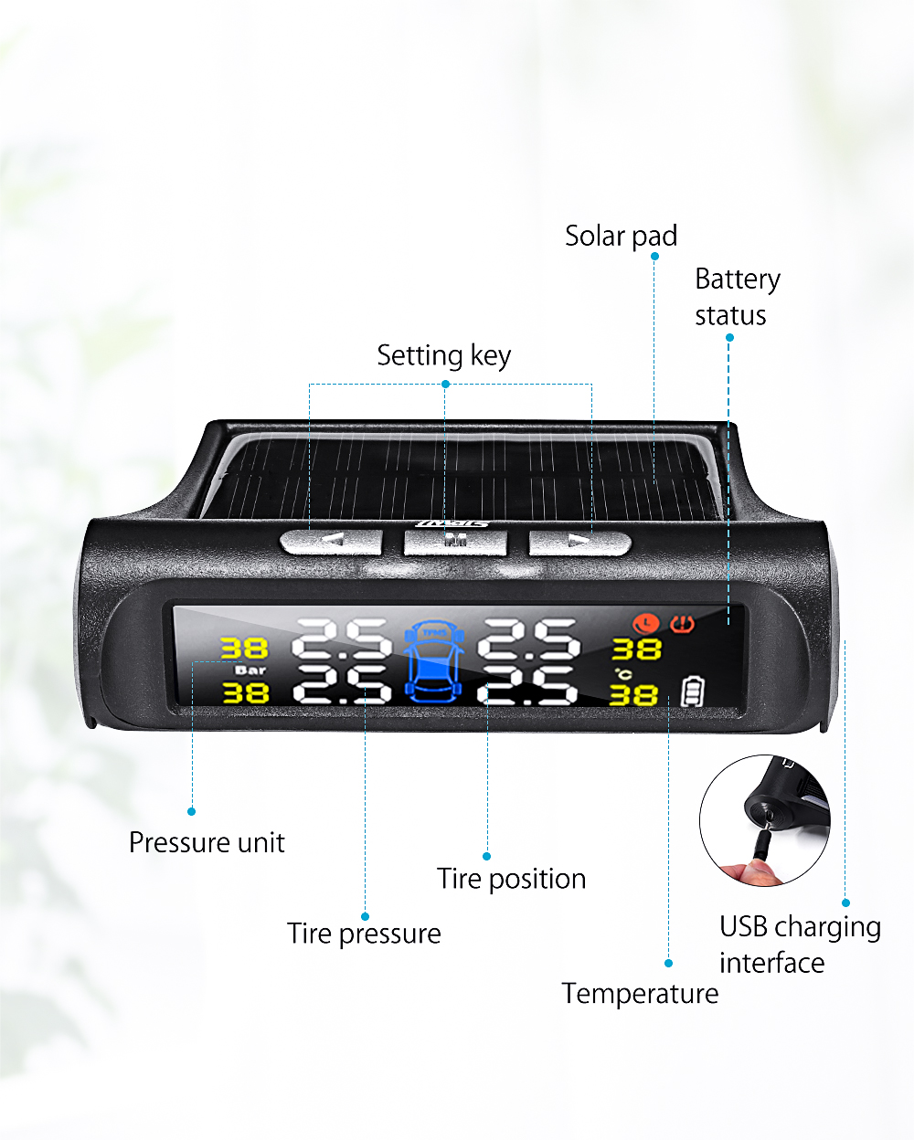 iMars T240 TPMS Solar Power Tire Pressure Monitor System Universal Tester Wireless LCD Display with 4 External Sensors