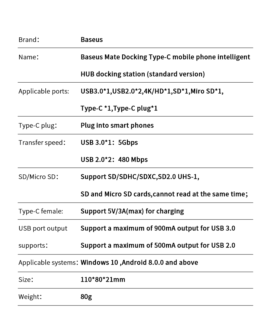 Baseus 7-In-1 USB-C HUB Docking Station USB3.0*1 / USB2.0*2 / 4K@30Hz HDMI*1 / Memory Card Readers *1 / USB-C *1 For Samsung Galaxy S21 5G For HUAWEI Mate 20 Pro