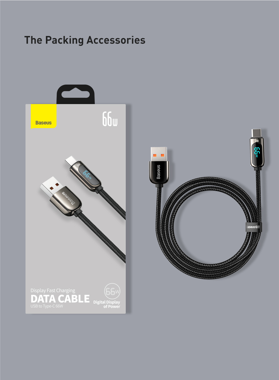 Baseus 66W USB to USB-C Digital Display Cable Fast Charging Data Transmission Cord Line 1/2m long For DOOGEE S88 Pro For OnePlus 9 Pro For Xiaomi MI10