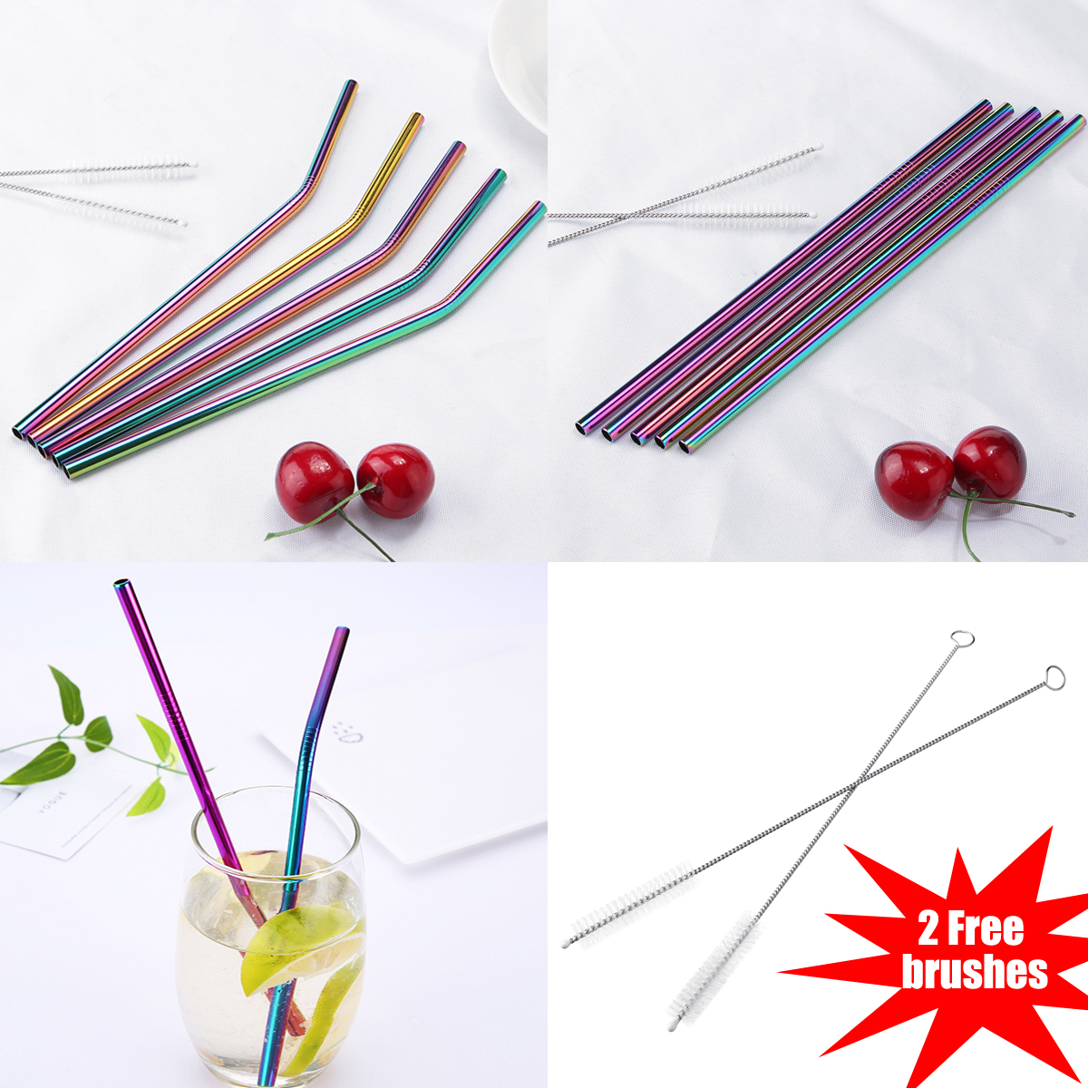7PCS Premium Stainless Steel Metal Drinking Straw Reusable Straws Set With Cleaner Brushes 14