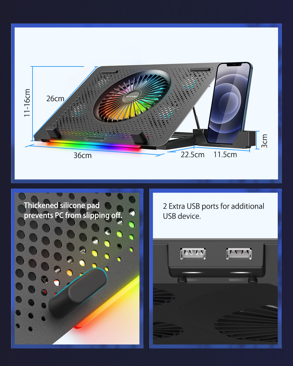 כרית קירור למחשב נייד BlitzWolf® BW-HS1 RGB עם 5 מאווררי קירור חזקים, לוח רשת מתכת, גובה מתכוונן, התאמת 2 מהירויות, מחזיק טלפון למחשב נייד עד 17.3 אינץ '