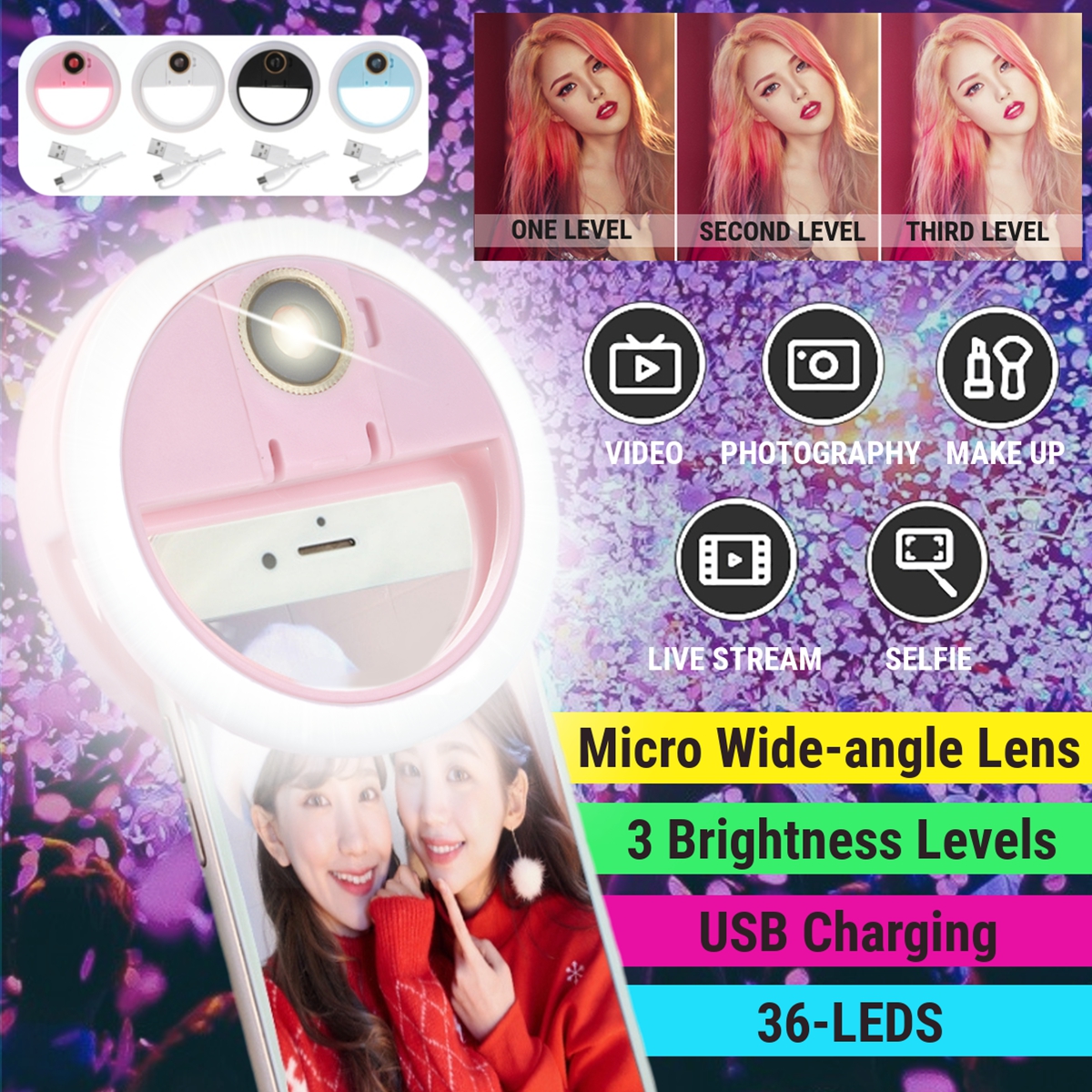 Bakeey Selfie 36 LED Fill Lamp Ring Light Universal Clip 3 levels Brightness Micro 0.63 x HD Wide-angle Lens