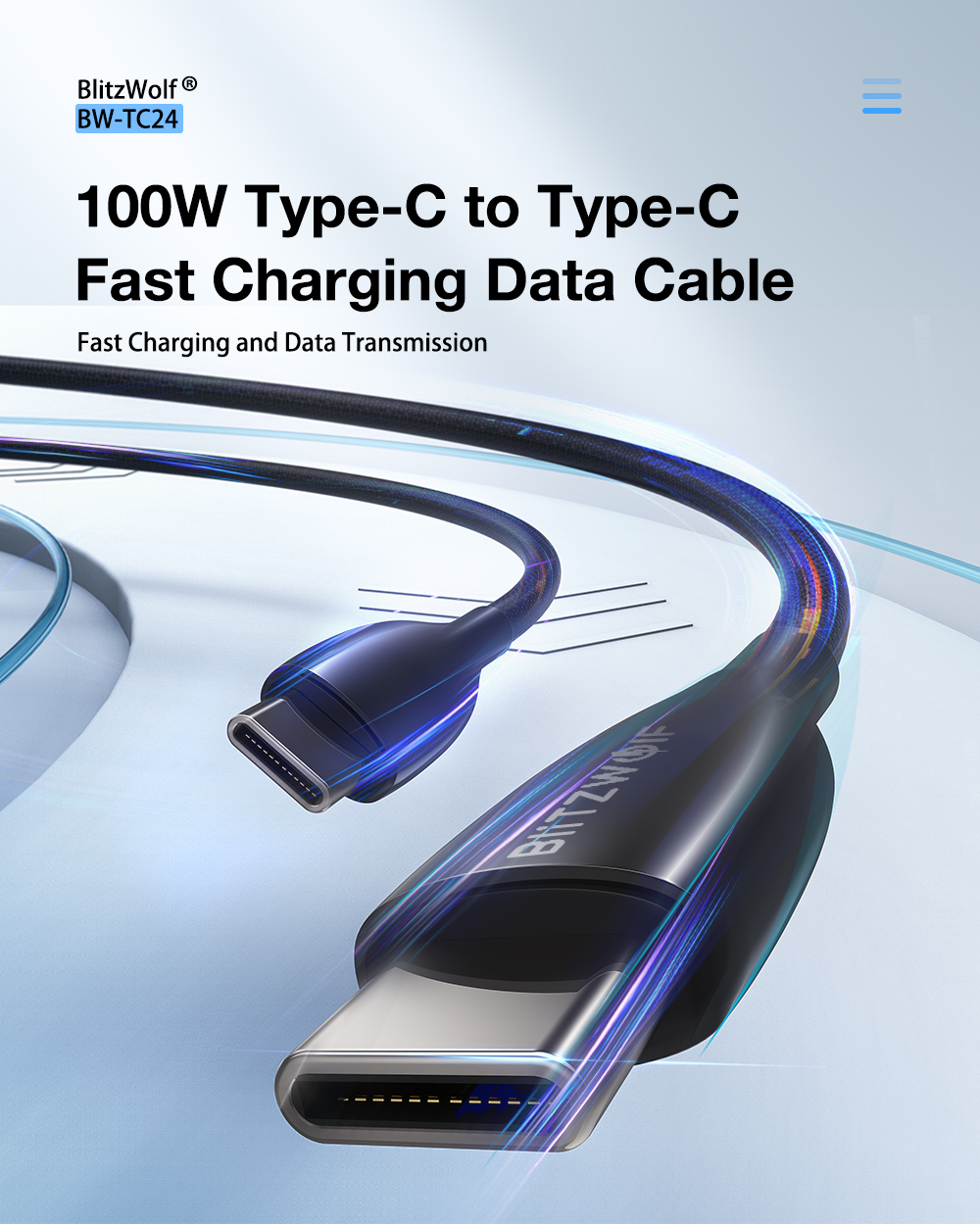 BlitzWolf® BW-TC24 100W 5A Type-C to Type-C Cable PD3.0 PPS QC4.0+ QC3.0 Fast Charging Data Transfer Cord Line For Samsung Galaxy S22 Galaxy Z Fold 4 For iPad Pro 2021 MacBook Air Xiaomi Mi 12 Huawei P50