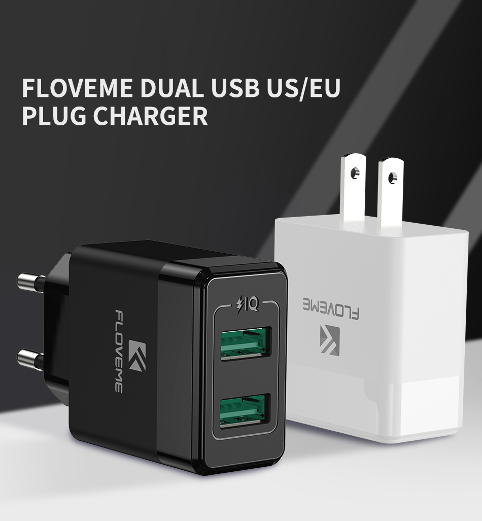 FLOVEME 12W USB Charger Adapter Dual USB Wall Charger Fast Charging EU Plug US Plug For iPhone XS 11 Pro Max Xiaomi Redmi Note 9S Poco X2