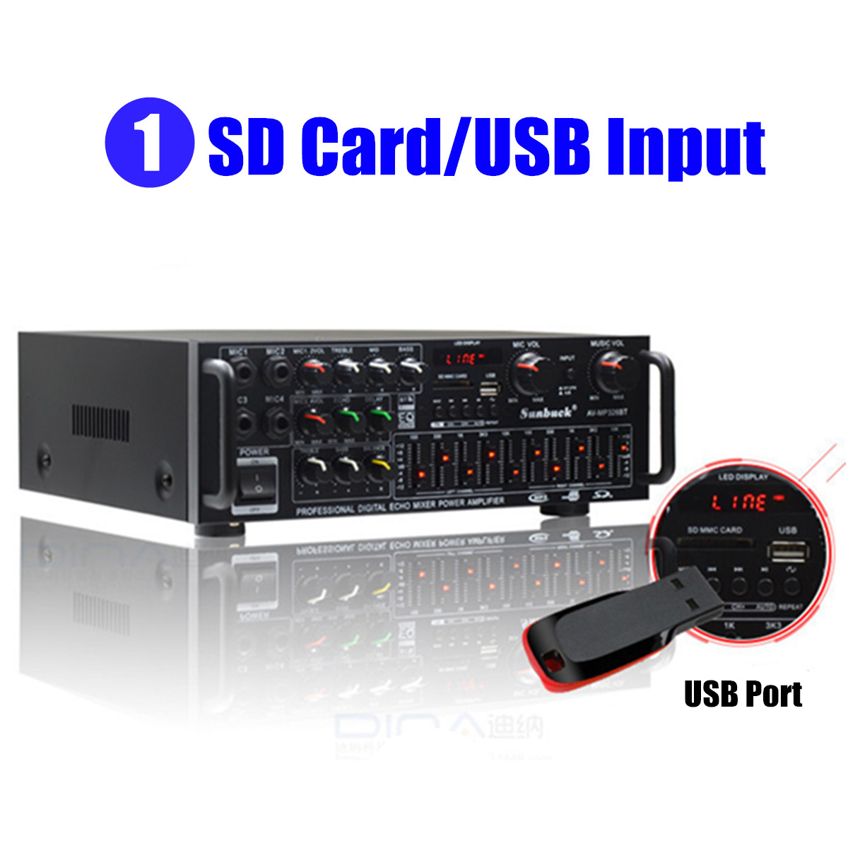 Sunbuck 326BT bluetooth 1200W 110V US Plug Digital Amplifier HIFI-h Stereo Home Theater Amp 2 Channel Receiver MP3 USB SD AUX AV FM Radio with Remote Control