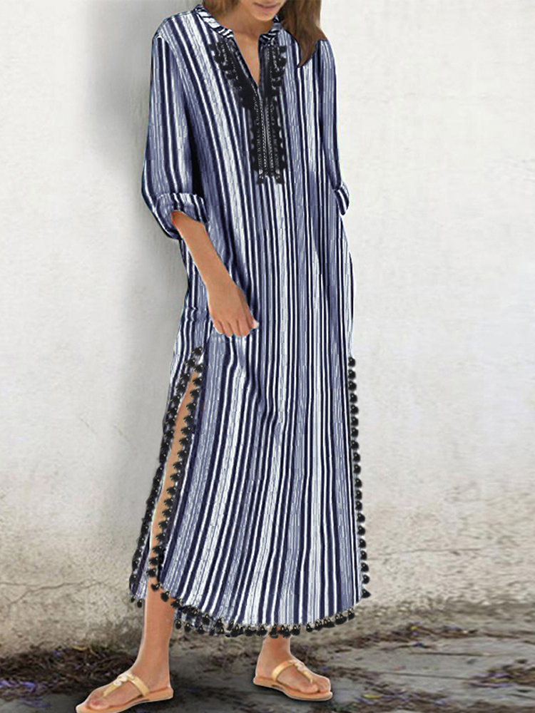Women Loose Striped High Split Tassel Kaftan Long Sleeve Maxi Dress