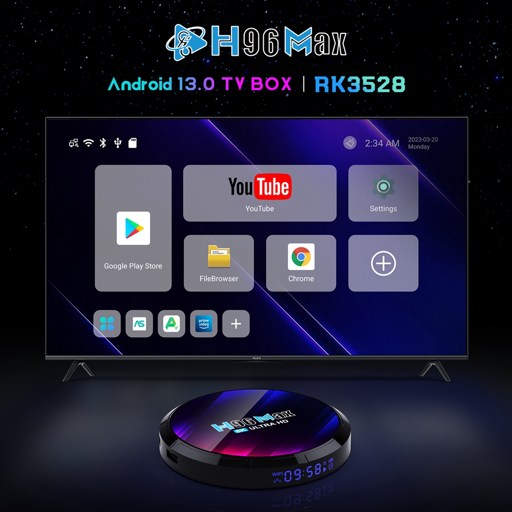 H96MAX Android 13.0 RK3528 Quad Core TV Box 4+32GB Dual WIFI 6 Bluetooth 5.0 Set Top Box 8K H.265 Screen Cast 3000Mps