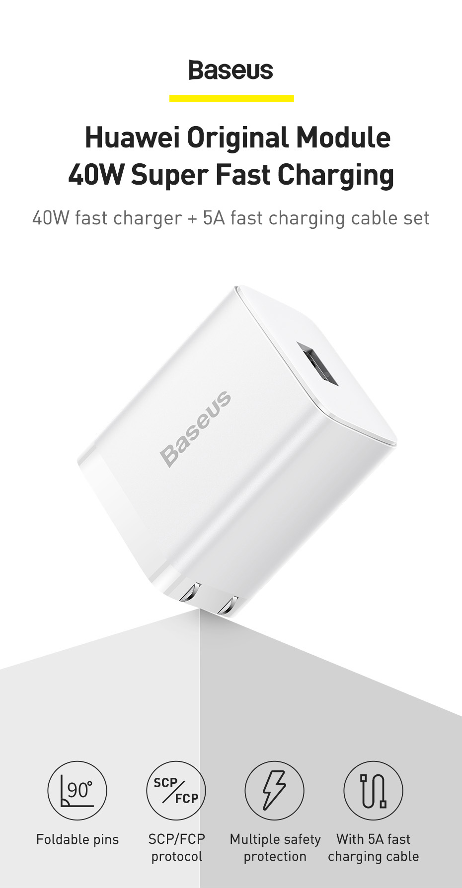 Baseus 40W Fast Charging USB Charger Wall Charger Adapter CN Plug With 5A USB to USB-C Cable For iPhone 12 Pro Max For Samsung Galaxy S21 Note S20 ultra Huawei Mate40 P50 OnePlus 9 Pro