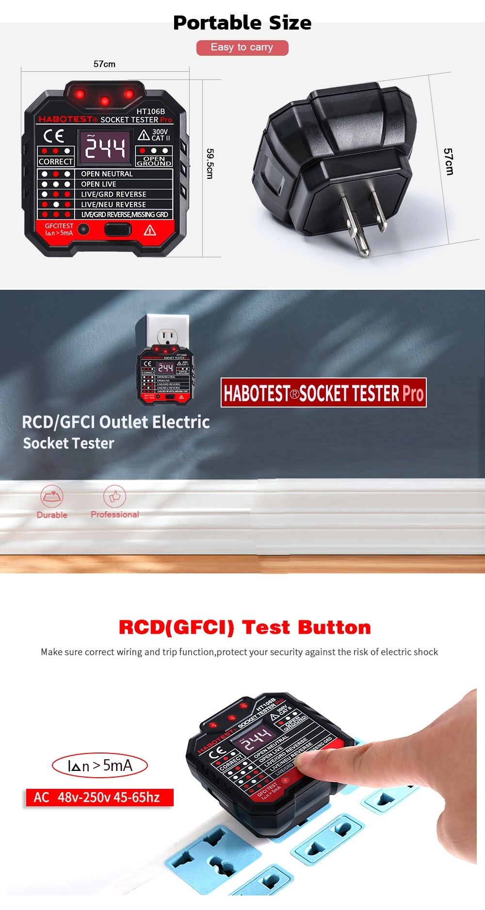 HT106B Socket Outlet Tester Circuit Polarity Voltage Detector Wall Plug Breaker Finder RCD Test 47