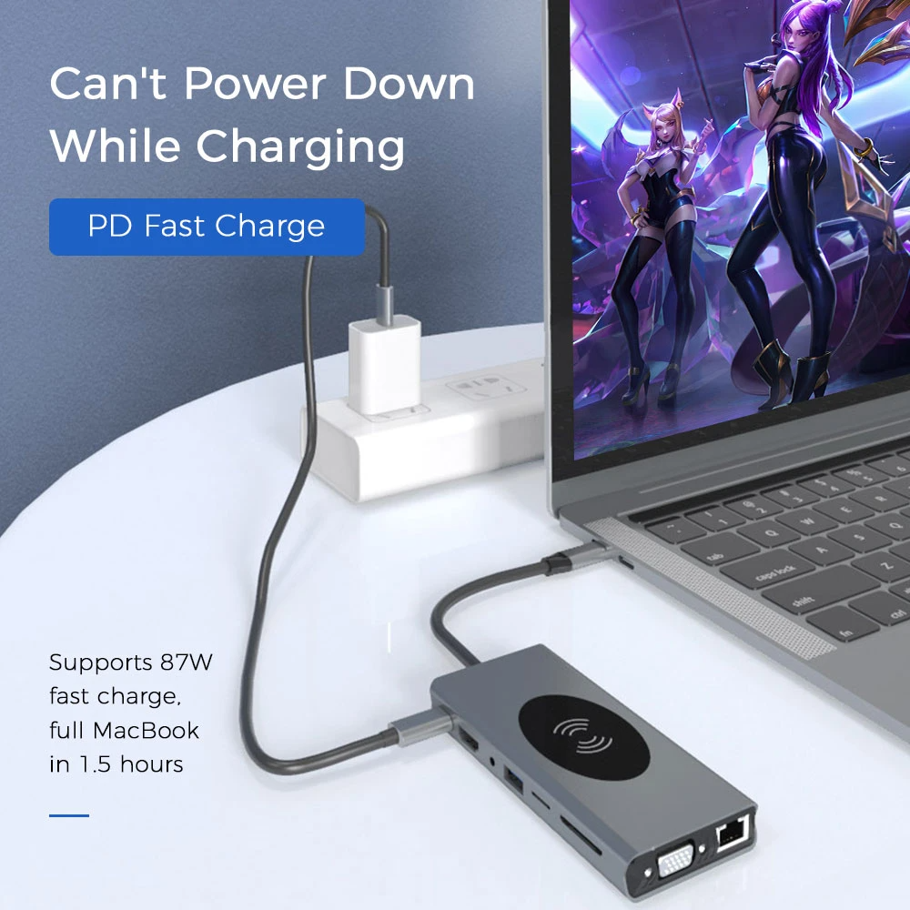 Seewei BX14 14 In 1 Triple Display USB-C Hub Docking Station Adapter With 5 * USB 3.0 / 10W Wireless Charger / 100W Type-C PD / Dual HDMI 4K HD Display / VGA / 3.5mm Audio Jack / RJ45 Network Port / Memory Card Readers