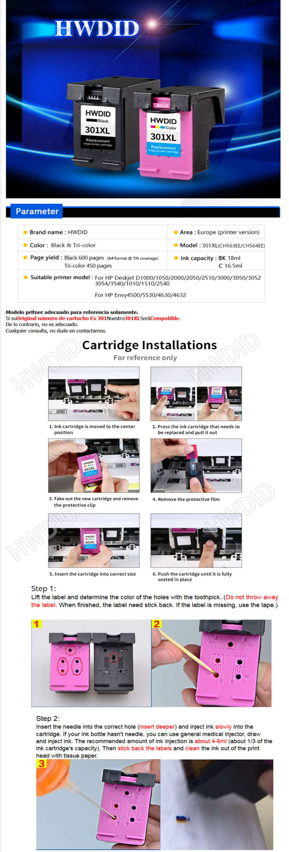 Applicable To HP301 Ink Cartridge Plug HP1000 HP1050 HP2000 HP2050 Ink Cartridge Plug 8