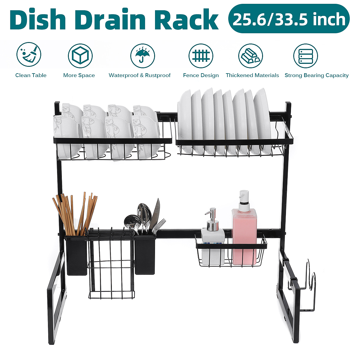 Bakeey 26/34in Dish Drying Rack Kitchen Draining Drainer Over Sink Organizer Stainless Steel Storage Shelf