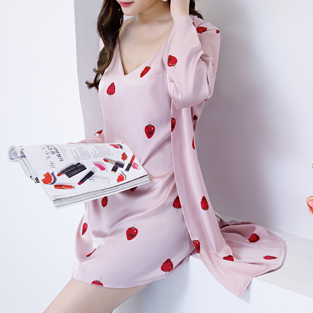 Banggood Silk Strawberry Printed V Neck Slip Dress Homewear Pajama Set