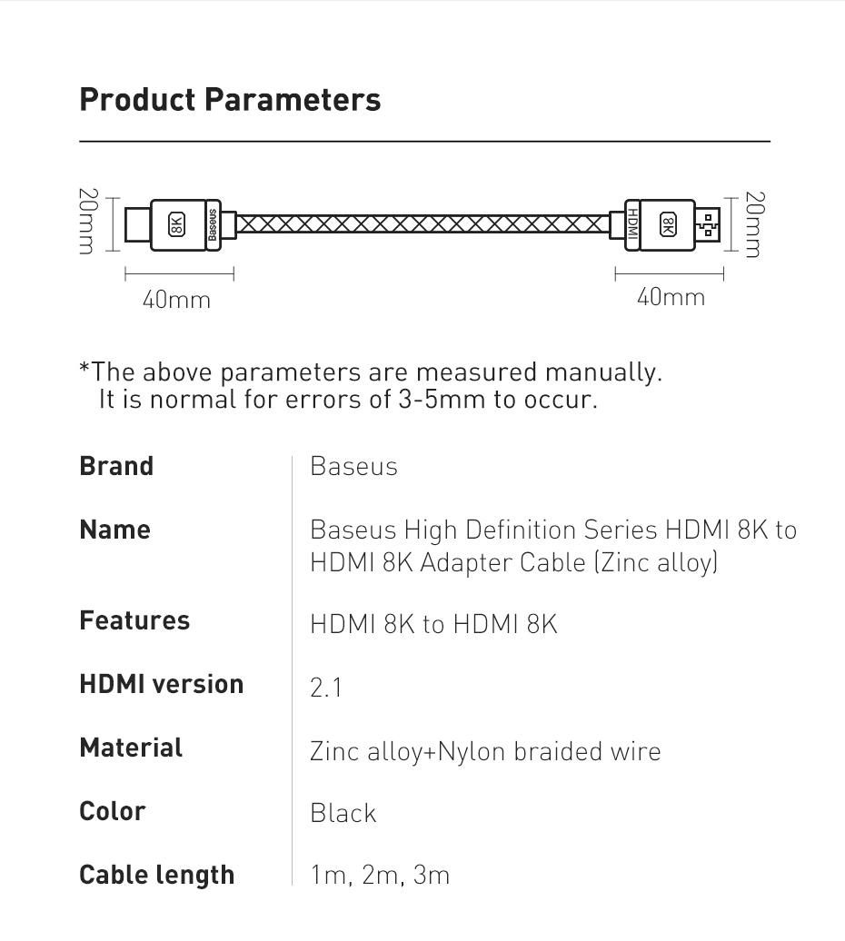 Baseus 8K HD HDMI to HDMI Adapter Cable High-definition On-screen Conversion Cord For Laptop Macbook