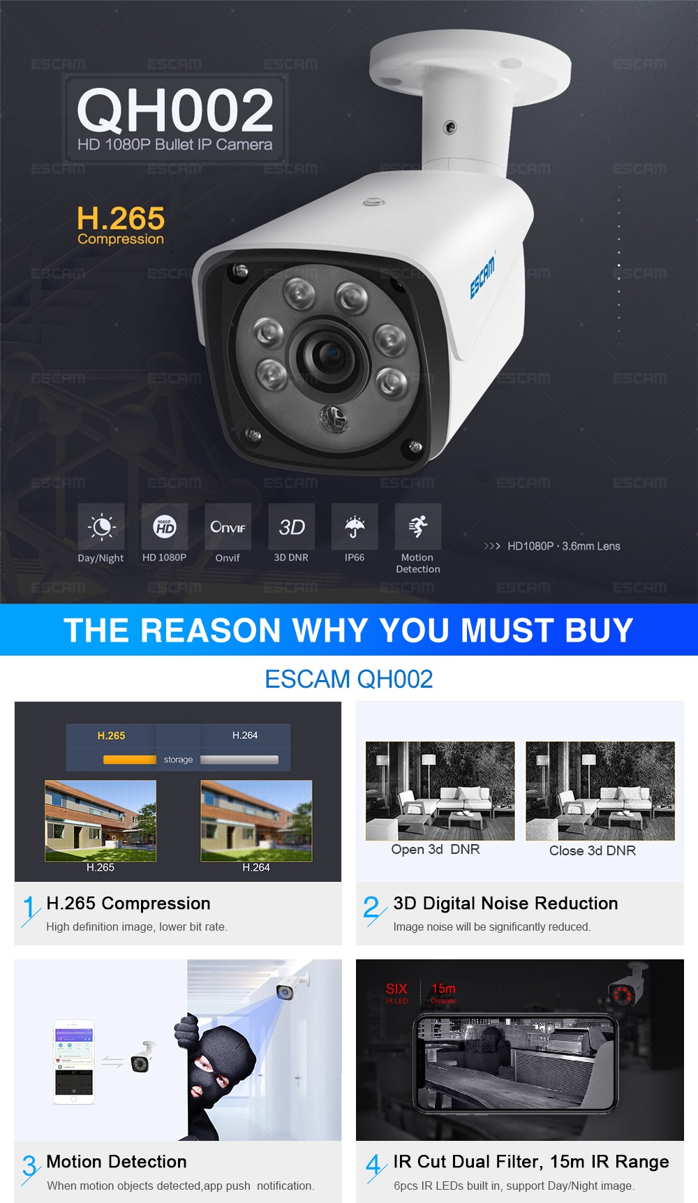 ESCAM QH002 HD 1080P IP Camera ONVIF H.265 P2P Outdoor Waterproof IR Bullet with Smart Analysis Function Surveillance Security Camera 71