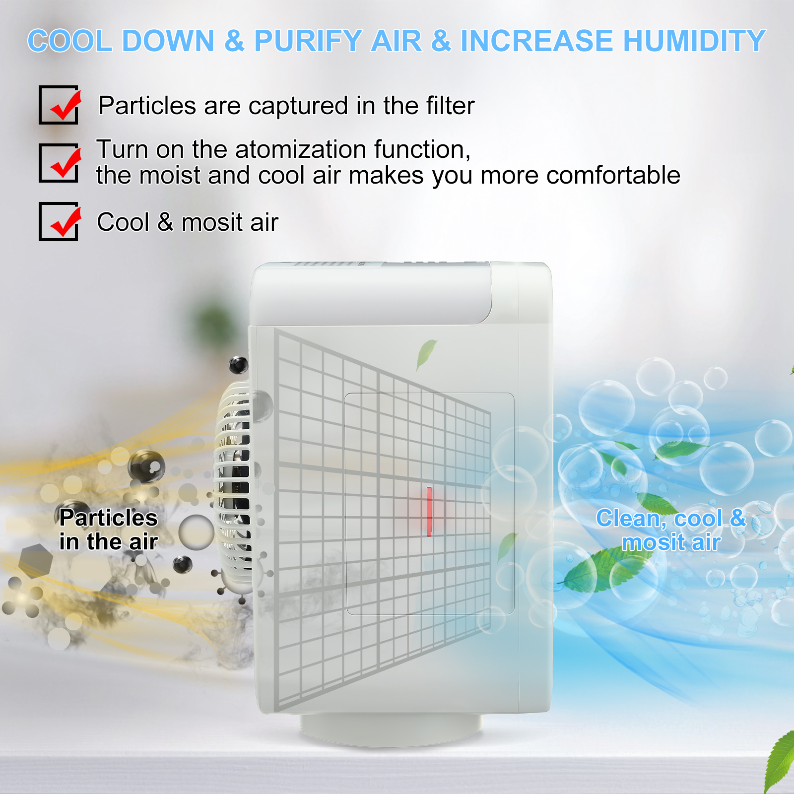 5-in-1 Mini Air Cooler 3 Wind Speed Adjustment 120° Wide Angle Rotation Air Humidification Condition Fan