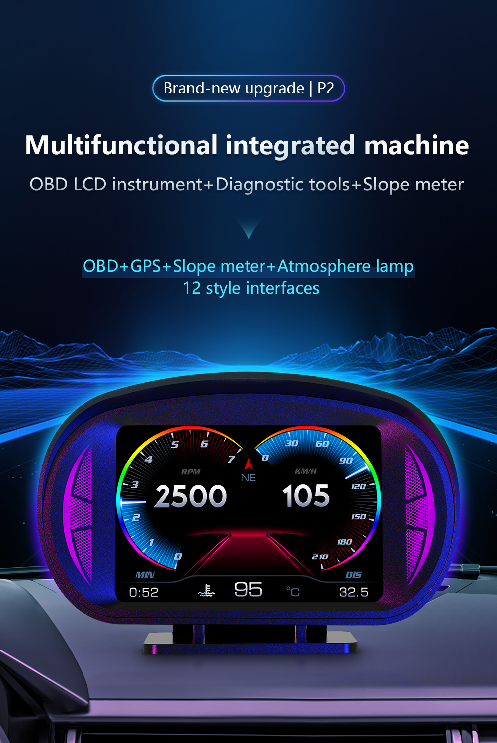 P2 HUD OBD2 Display Head Up Display Car with Slope Meter GPS Speedometer RPM Gauge On-board Computer