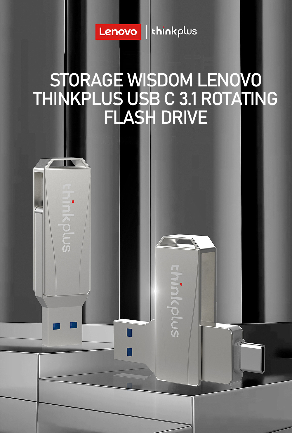 Lenovo ThinkPlus MU252 Type-C & USB3.1 Flash Drive 32G 64G 128G 256G Metal Interface Waterproof Heat Resistance 360° Rotation Fast Data Transmission Portable Memory U Disk