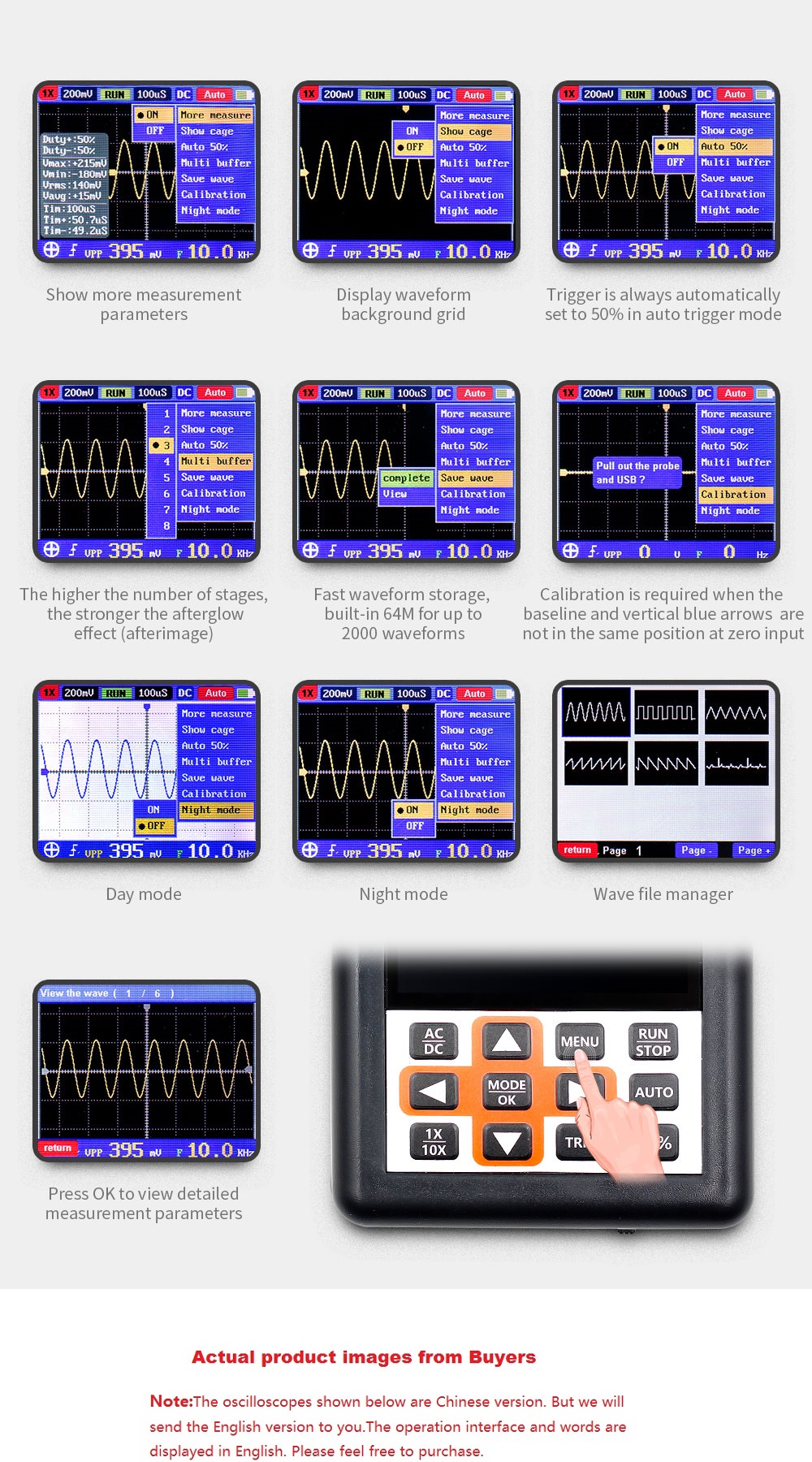 DSO338 Handheld Oscilloscope 30MHz Bandwidth 200M Sampling Rate 2.4 Inch IPS Screen 320*240 Resolution Technology Built-in 64M Storage Built-in 3000m 42