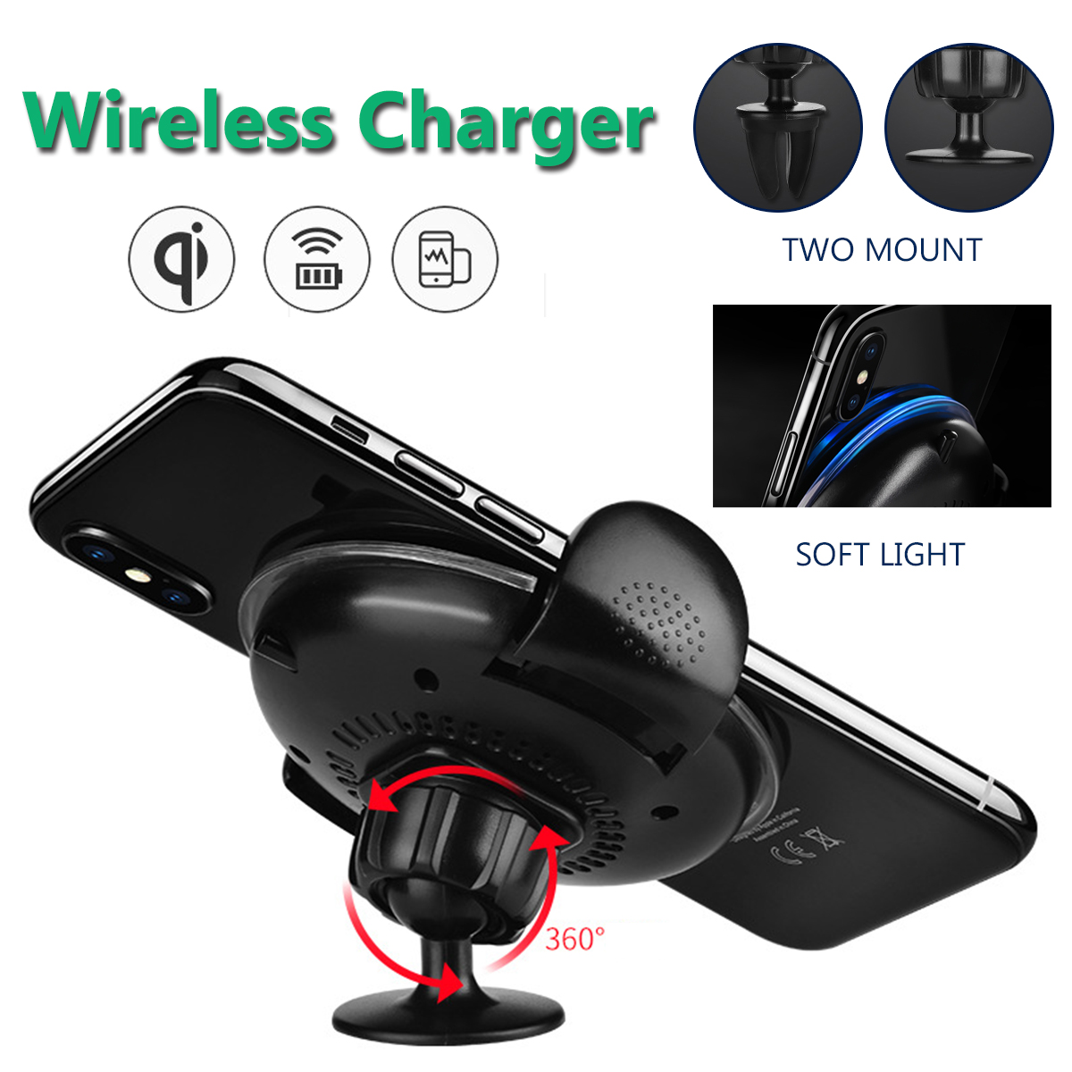 Bakeey Wireless Fast Car Charger Two Mount Holder Stand For iPhone 8/P iPhone X Samsung S8 