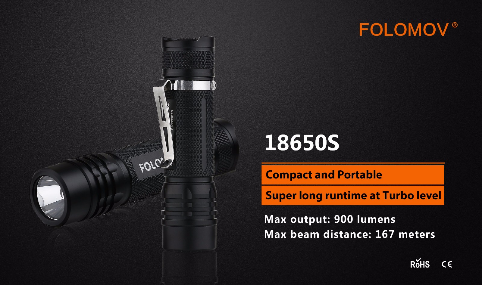 Folomov 18650S 900LM 167m Compact EDC Flashlight Come with 18650 Battery USB Rechargeable Mini LED Torch 9 Modes For Outdoor Camping Hiking Hunting