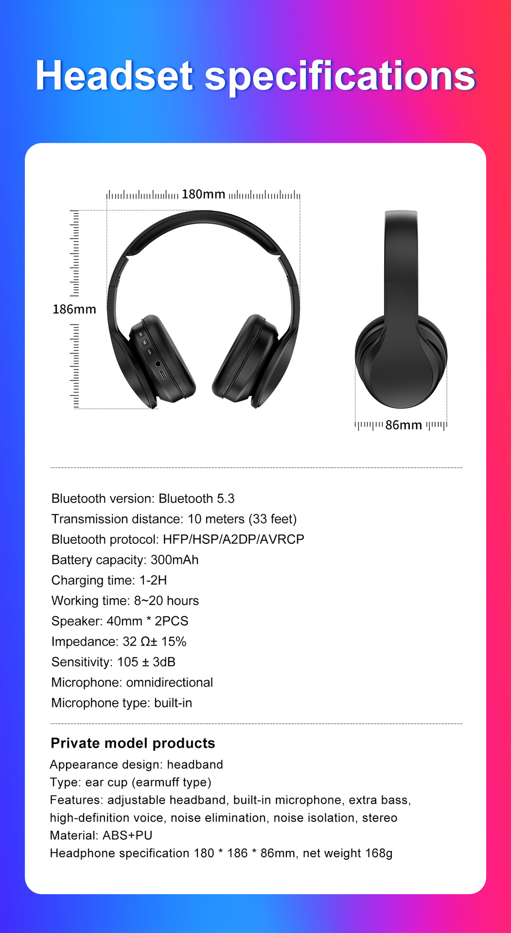 Wireless Headset bluetooth V5.3 Headphone HiFi Stereo HD Calls AUX Foldable Headphones with Mic