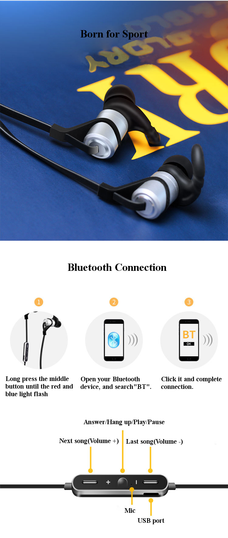 D9 In-ear Sport Waterproof Sweatproof Magnetic Absorption Voice Prompt V4.1 Bluetooth Earphone
