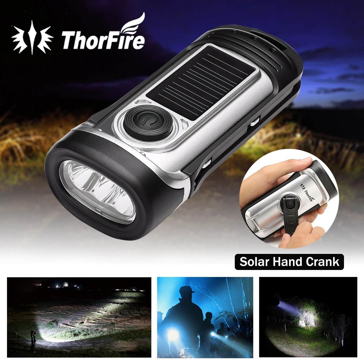 Thorfire Solar Flashlight Hand Crank Solar Powered Rechargeable Survival  Flashlight IPX6 Waterproof LED Emergency Lights Dynamo