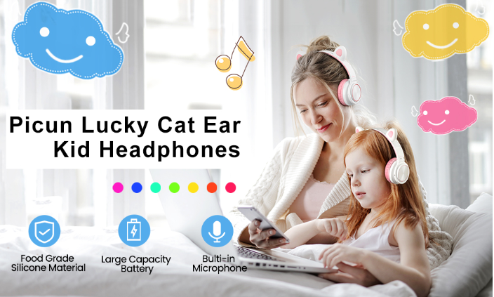 Picun Kids bluetooth 5.0 Headphone LED light Cat Ears TF Earphone Wireless Headset HIFI Stereo Bass Headphones With Microphone