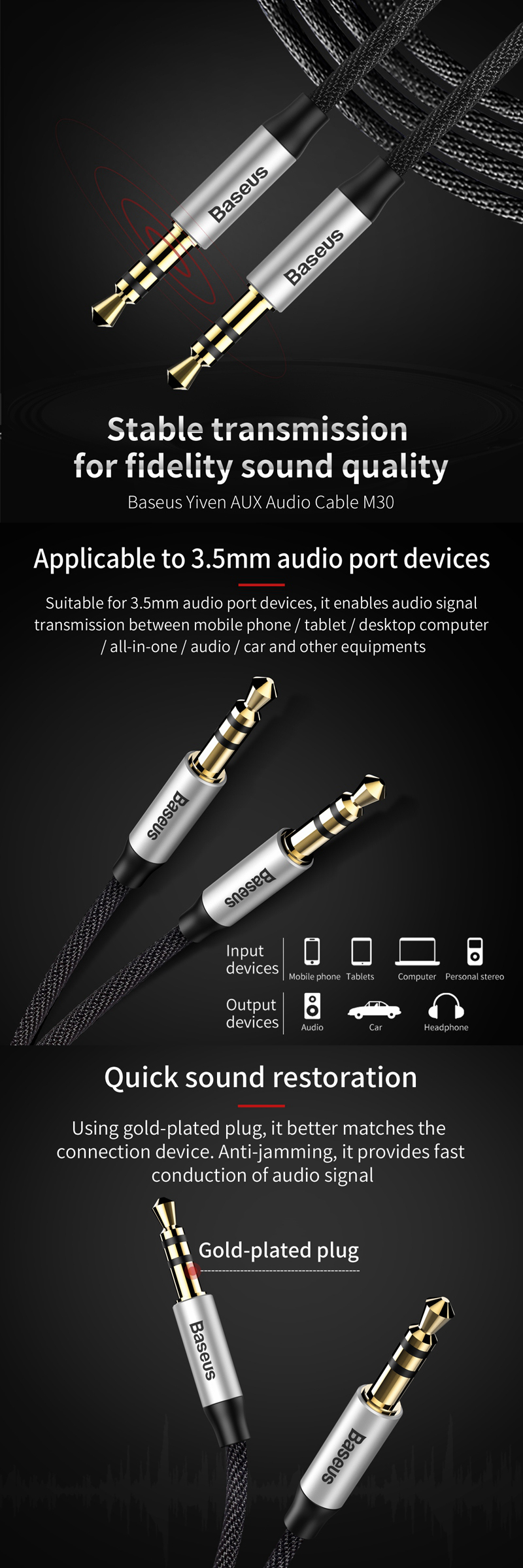 Baseus M30 Yiven Jack 3.5mm Male to Male Audio Cable Adapter for iPhone 7 Samsung Car Tablet PC