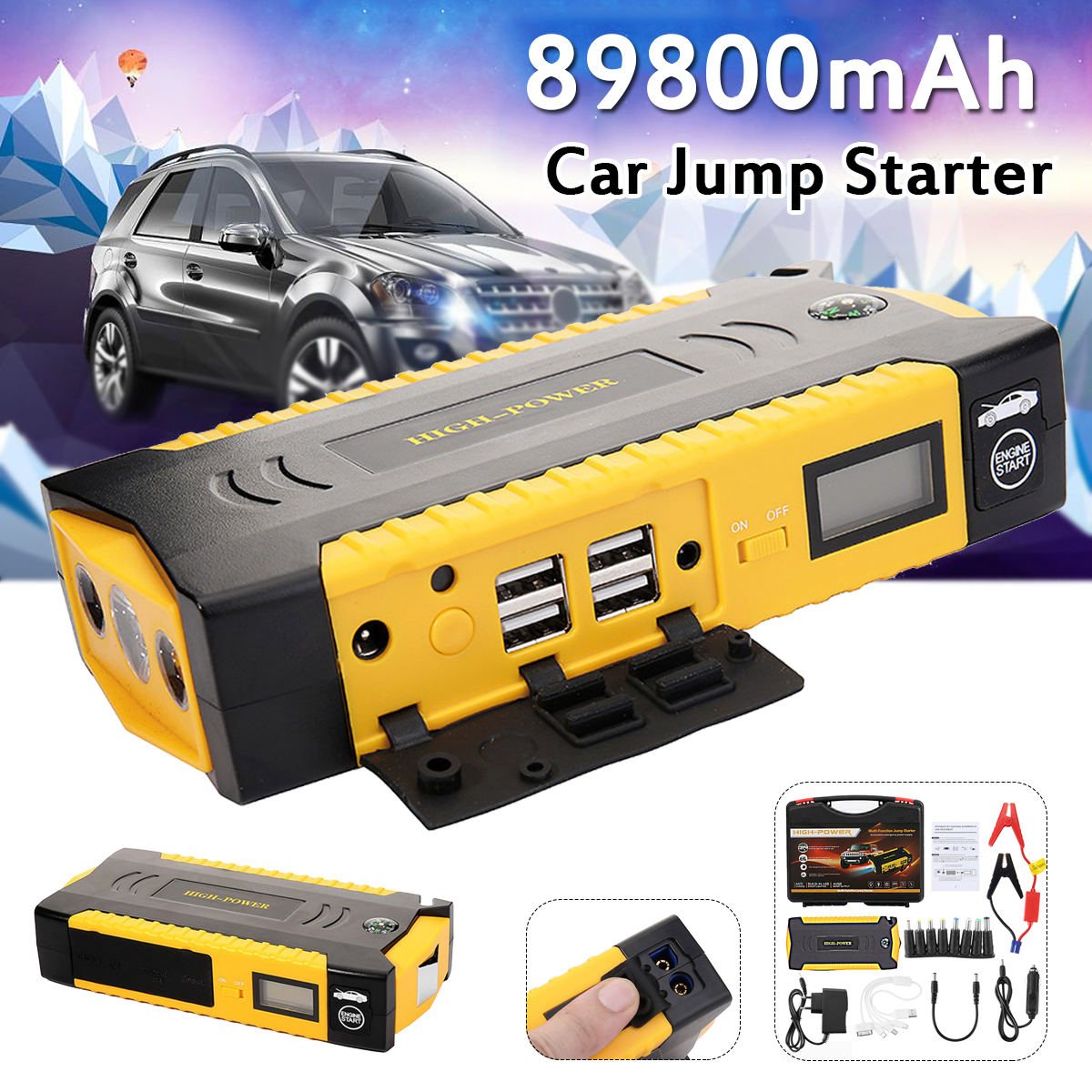 Dispaly 89800mAh Car Jump Starter Booster 4USB SOS Emergency Charger Battery 