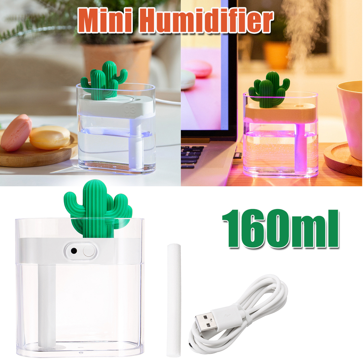 160ml USB Cool Mist Humidifier Led Mini Size Cactus