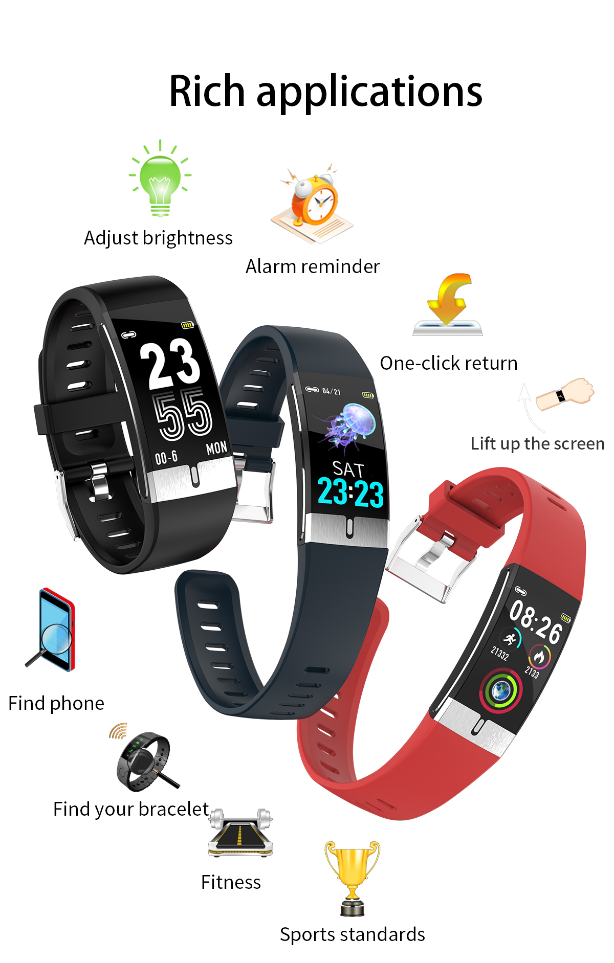 [SPO2 Monitor]Bakeey E66 Thermometer ECG+PPG Heart Rate Blood Pressure Oxygen Monitor IP68 Waterproof USB Charging Smart Watch