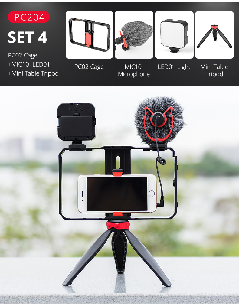 YELANGU PC203/PC204 Dual Handheld Video Cage Rig Stabilizer Kit Support Recording with Microphone Tripod Phone Adjustable Video Stabilizer Grip Tripod Mount Stand