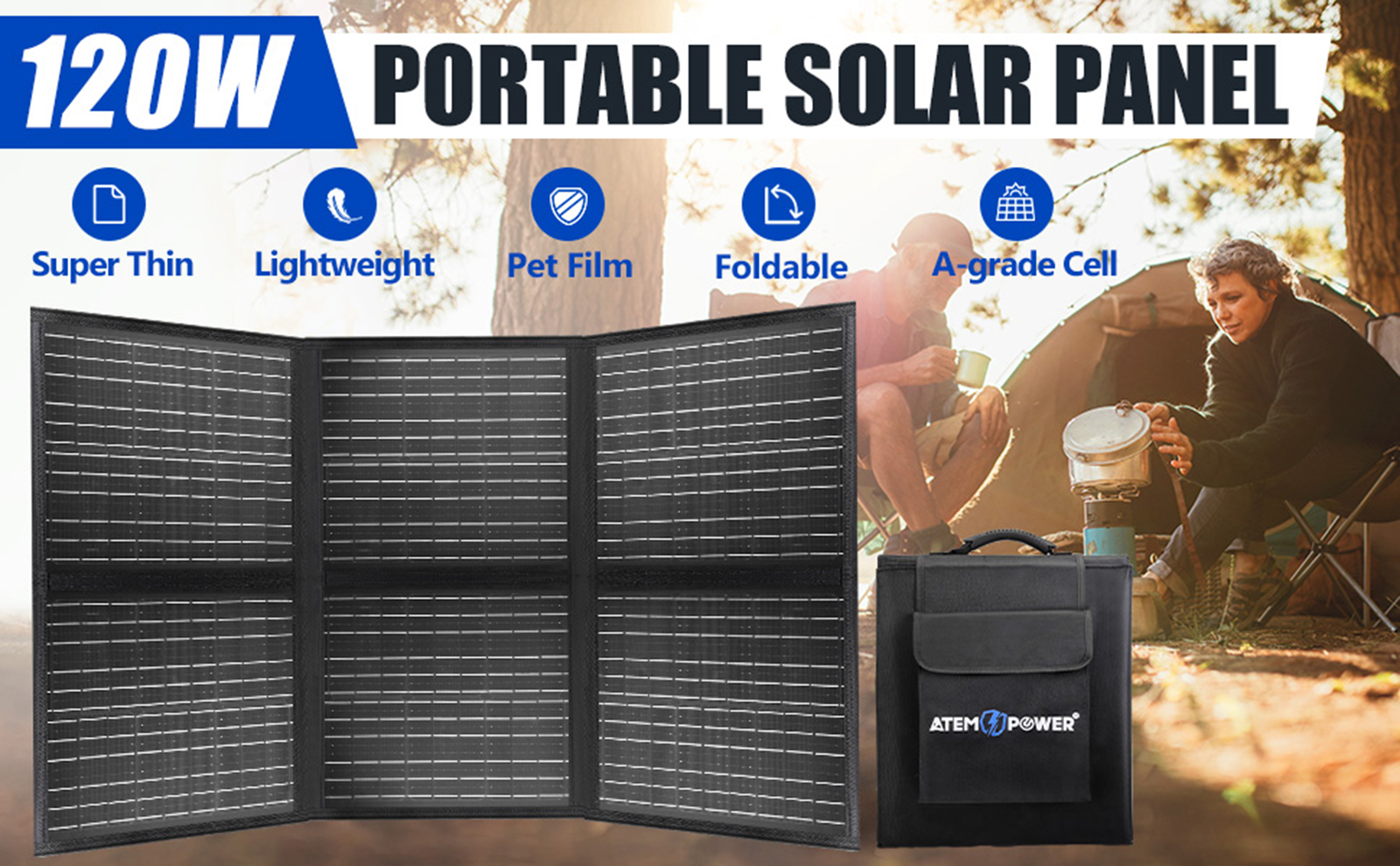 [US Direct] ATEM POWER AP-BLKT-1S 120W Portable Solar Panel Equipped With 20A MPPT Charger Controller Foldable Solar Charger Suitable For Outdoor Camper RV Off Grid