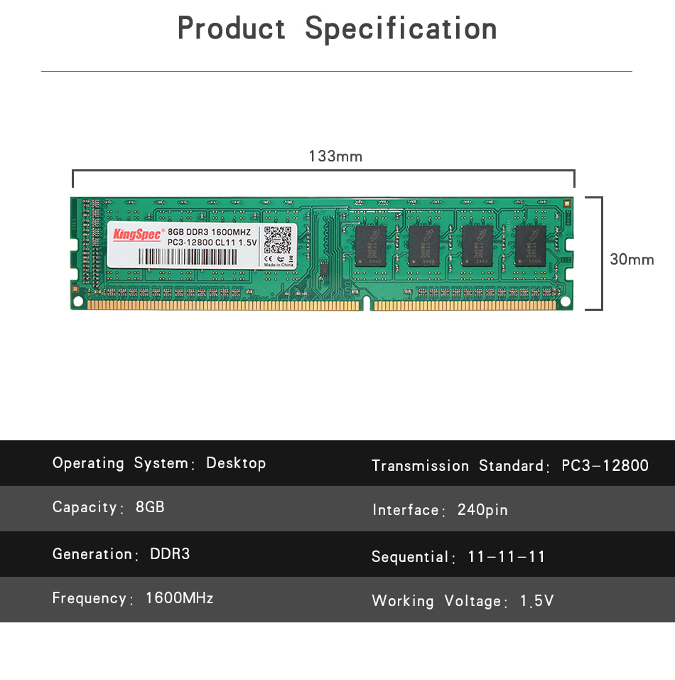 KingSpec DDR3 4GB 8GB 1600Mhz Desktop Computer Memory NON-ECC Ram 9