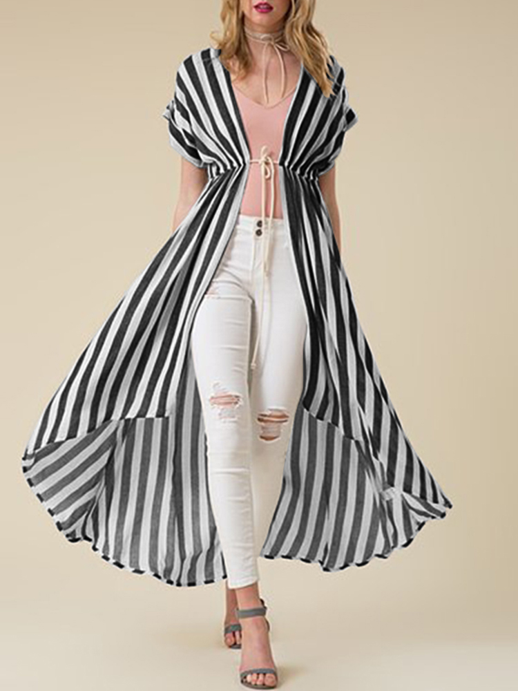 

S-5XL Vintage Stripe Short Sleeve Loose Cardigans Outwear