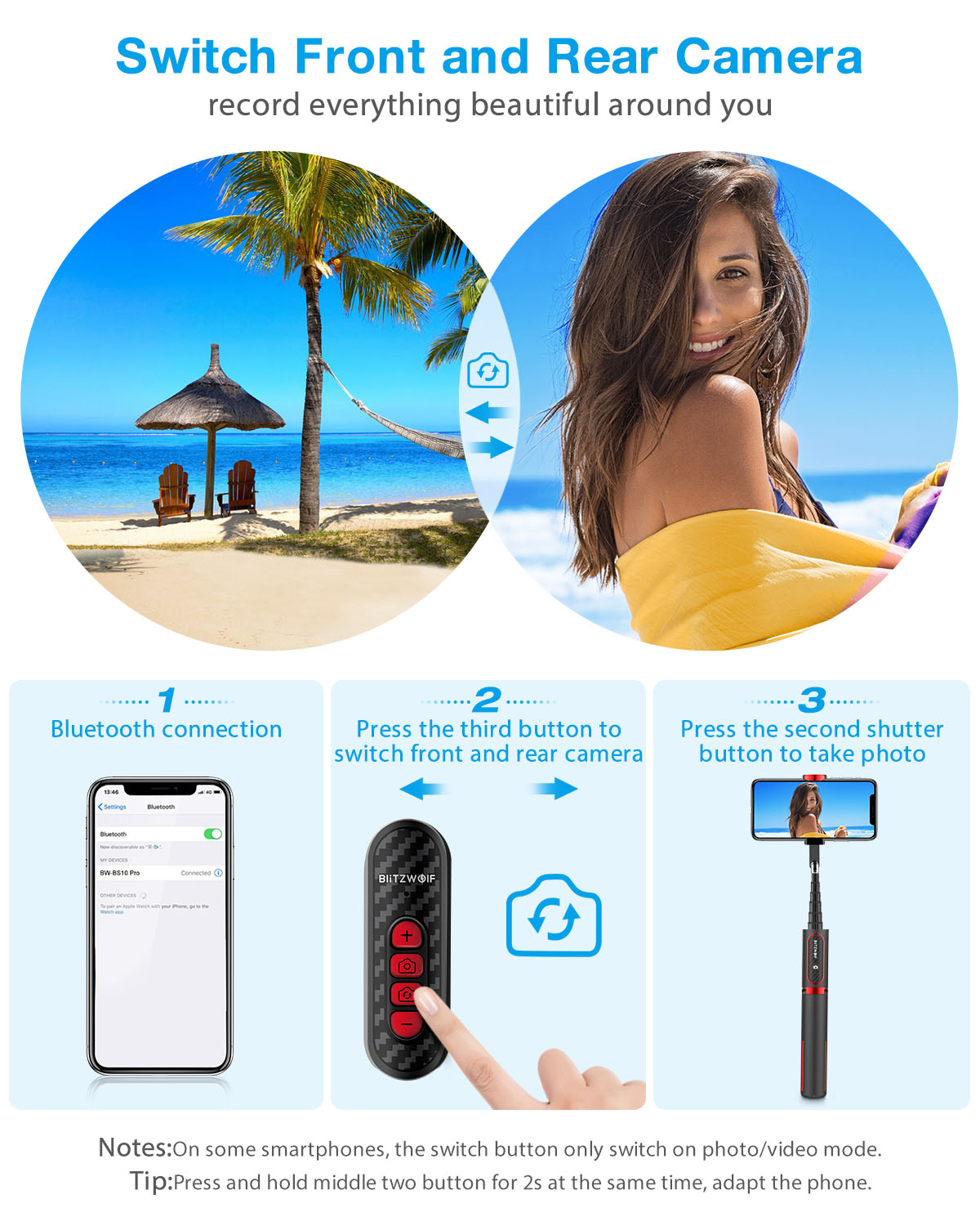 BlitzWolf® BW-BS10 Pro All-in-one bluetooth Upgrade Remote Control Selfie Stick Hidden Phone Clamp with Retractable Tripod
