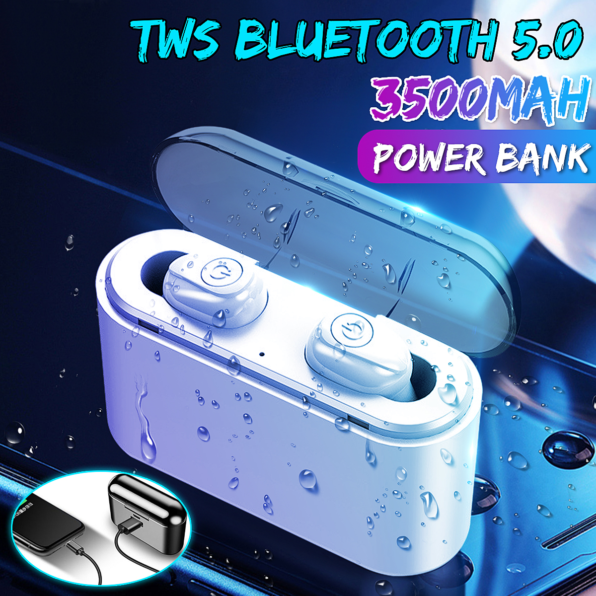 [bluetooth 5.0] TWS Earphone CVC8.0 Noise Cancelling 3500mAh Power Bank Stereo Sport Headphone with Mic
