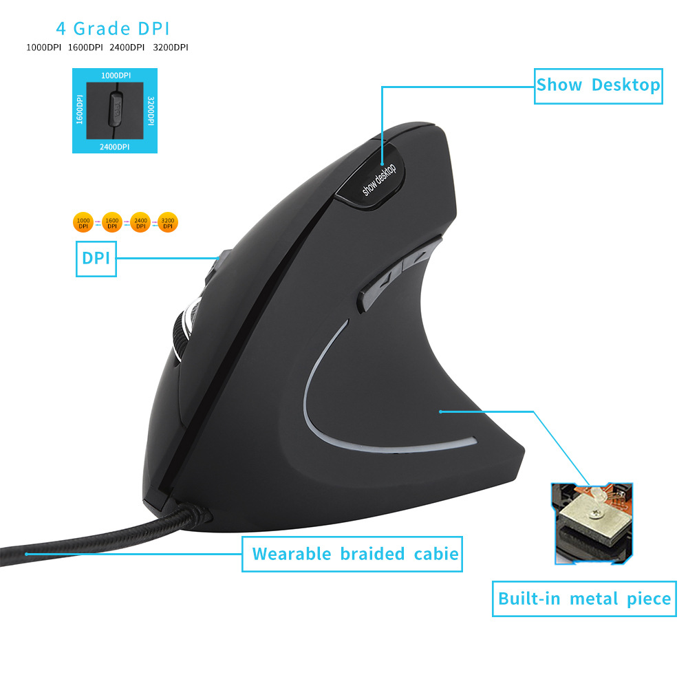 USB Wired Vertical Mouse 3200DPI Adjustable 7Buttons Ergonomic Gaming Mice Show Desktop 65