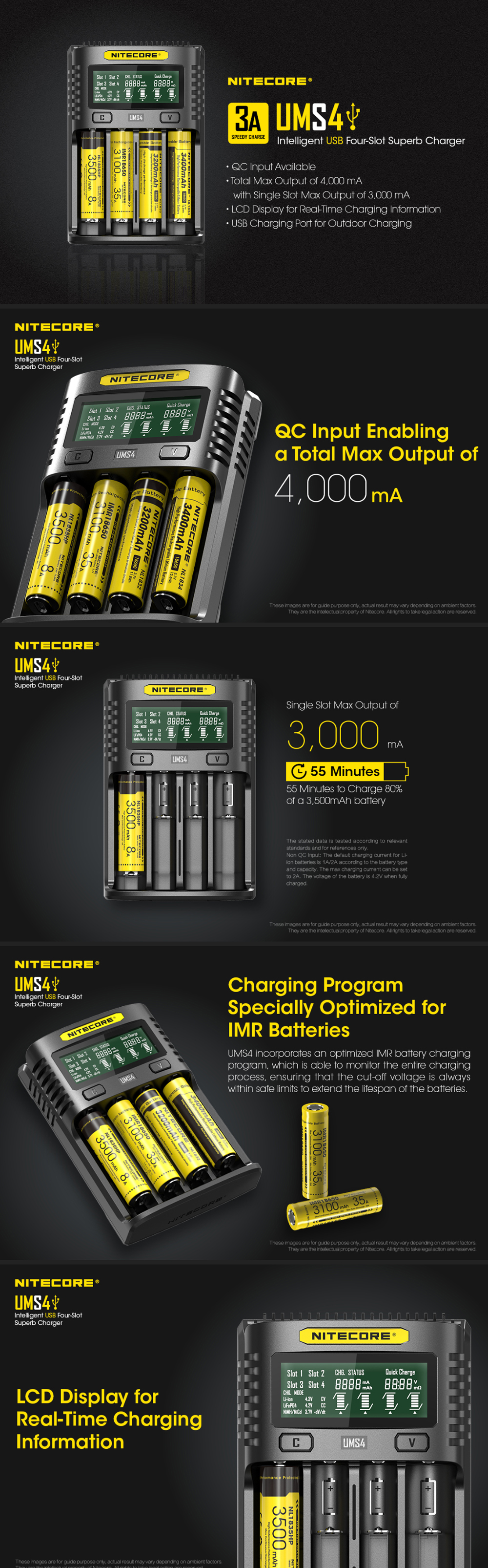NITECORE UMS4 USB Battery Charger LCD Screen Smart Charging For 26650 18650 21700 UMS2 16340 18350